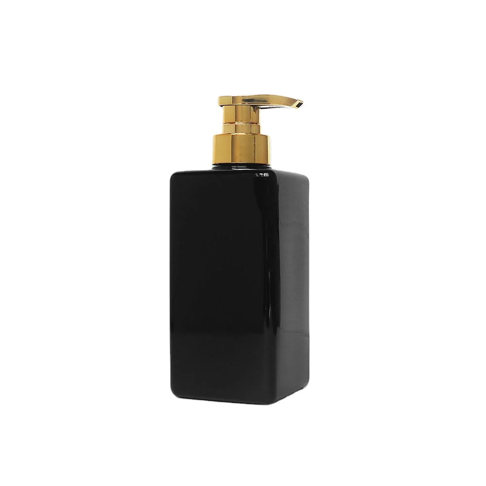 Wholesale Flat Square Black Shampoo Lotion Pump Bottle Empty PET Shower Gel Hand Washing Cream Gold Head 500ml Plastic Bottles