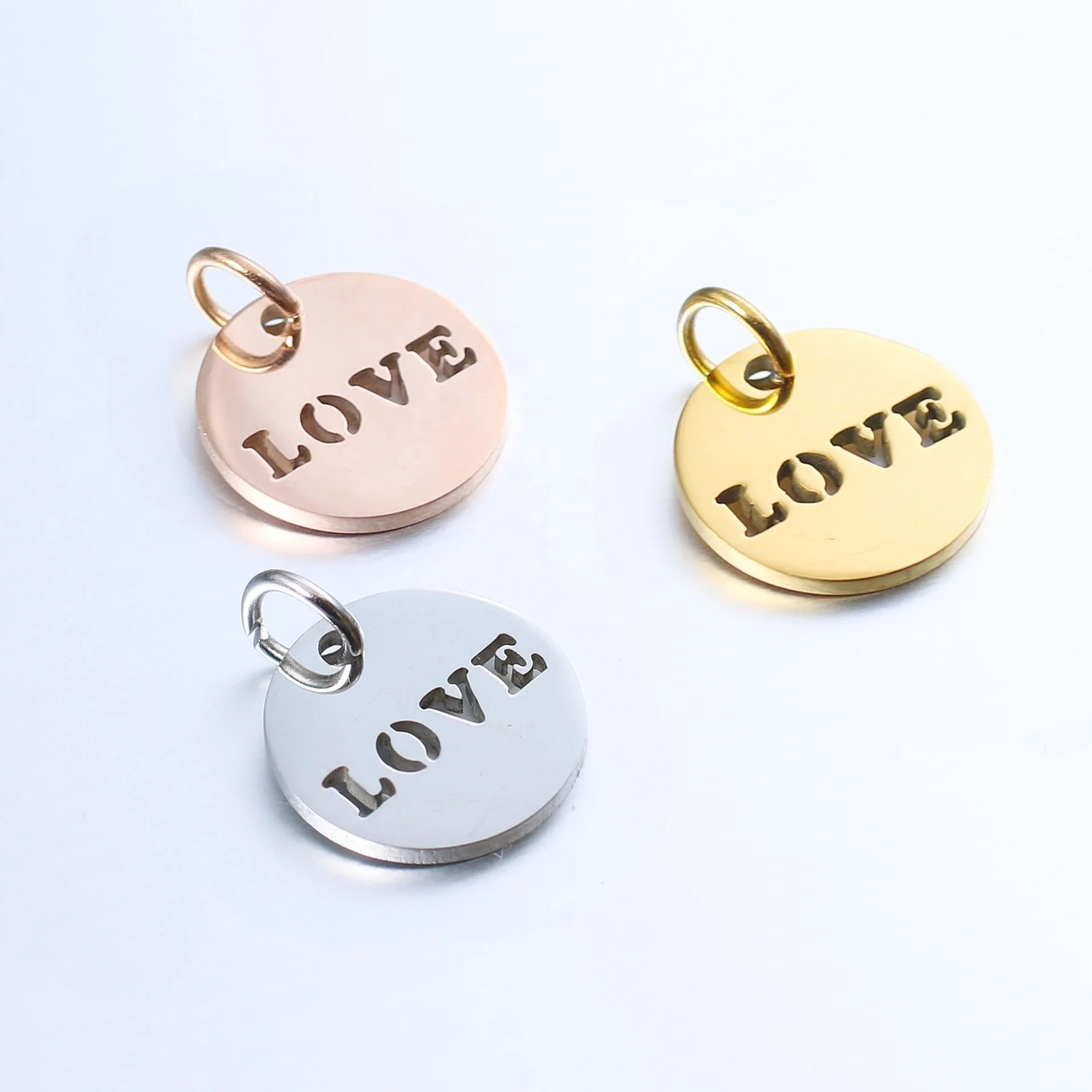 Classic Design Alloy Rose/Yellow Gold Plated Round DISC Cutting Hollow LOVE Letter Pendant Charm Jewelry