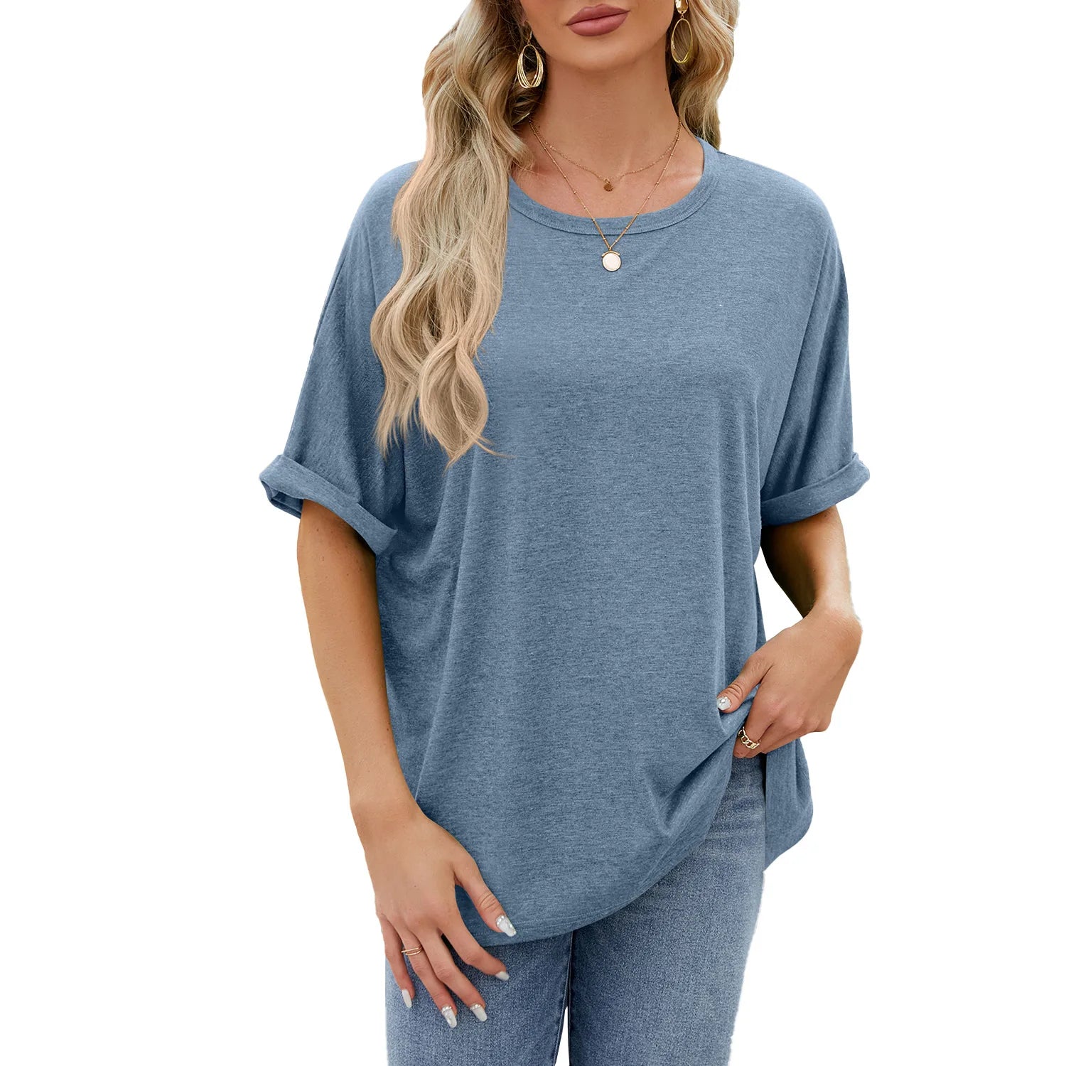 2025 Summer Clothes Women New Style Solid Color Crew Neck Loose Short-Sleeve T-Shirt Top for Women Streetwear Oversized T-shirt