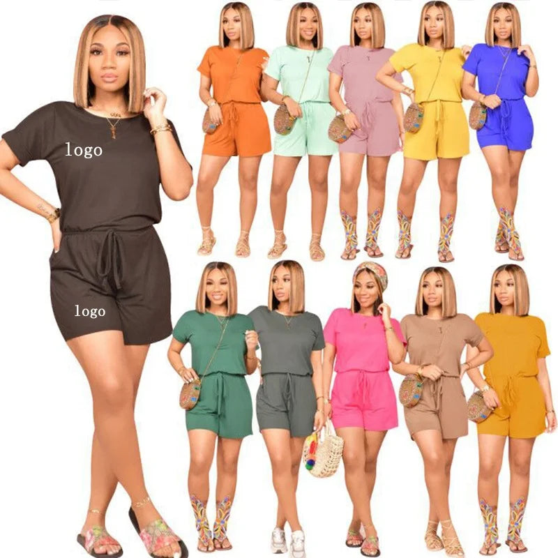 Summer 2023 New Women Custom Tracksuit Sets Solid Color 2 Piece Short Sleeved T-Shirt Shorts With Pockets Joggers Two Piece Set