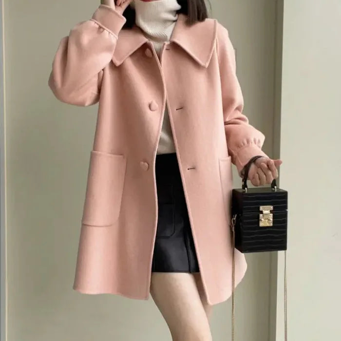 OEM Customized Embroidered Design Logo woolen coat slim age-reducing doll collar woolen top love button slim women coat