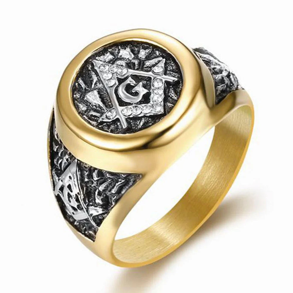 OAHLAN Vintage Style Freemasonry logo AG Men's Stainless Steel Rings 18k Gold Plated Fashion Jewelry for Wedding Party Wholesale