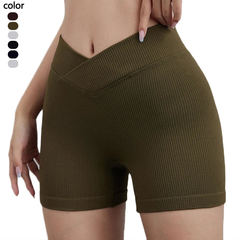 New Fashion Gym Fitness Workout Ribbed Shorts Running Yoga Wear V Cut Cross Waist Compression Butt Lift Women Biker Shorts