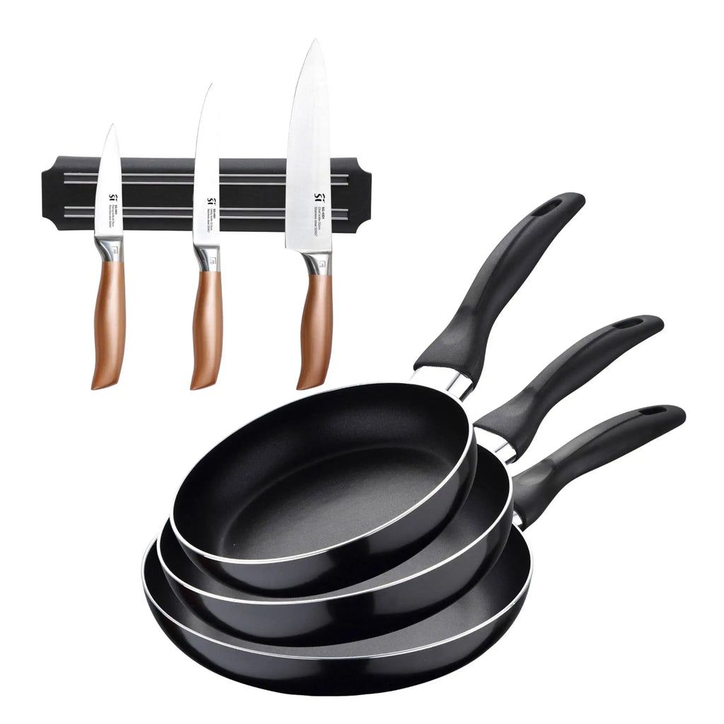Set of 3 San Ignacio frying pans Cooking Tool Sets pressed aluminum suitable for induction + Set of 3 stainless steel knives
