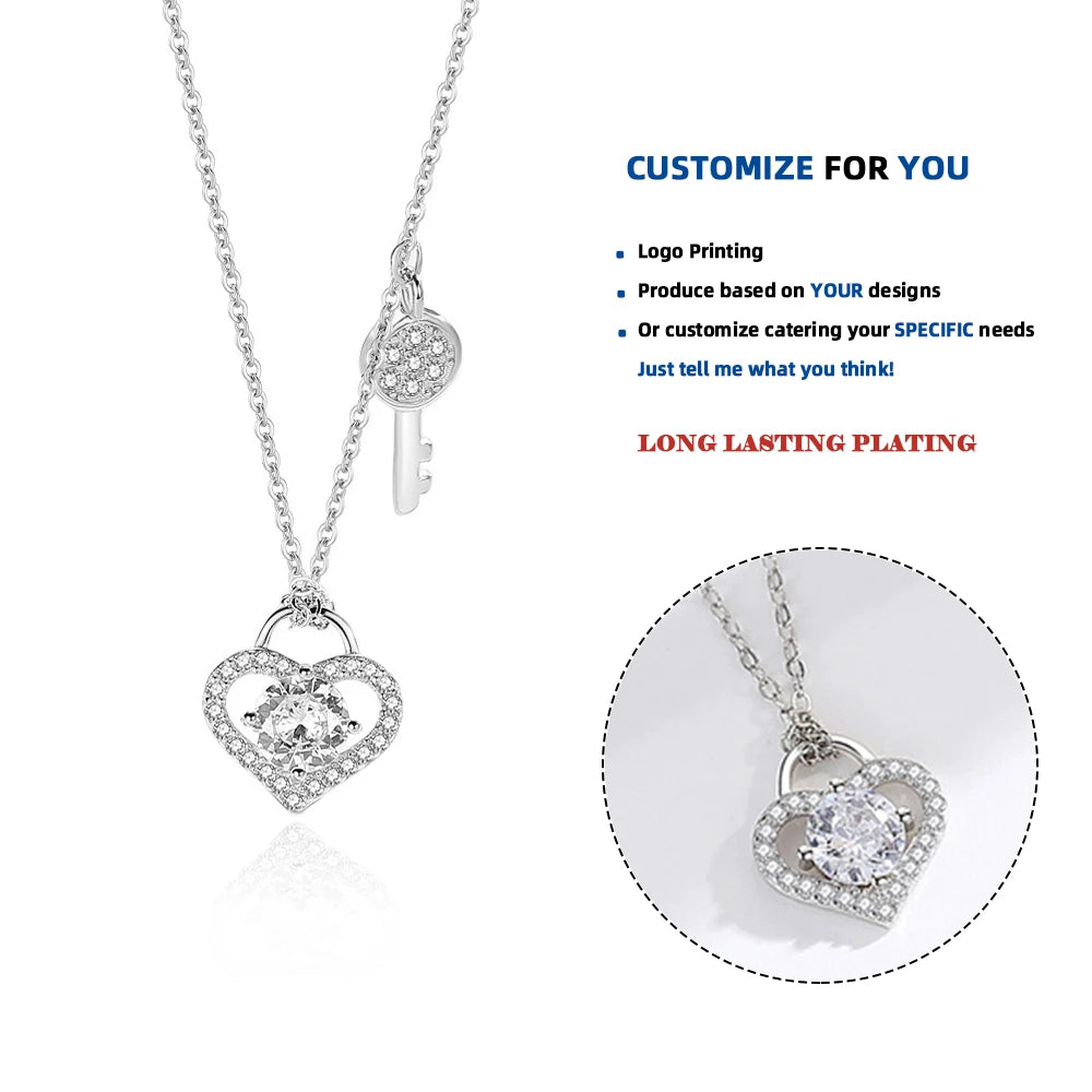 D614 925 Sterling Silver Lock & Heart Dangle Pendant Heart Highlights Necklaces Dazzling CZ Chain for Women