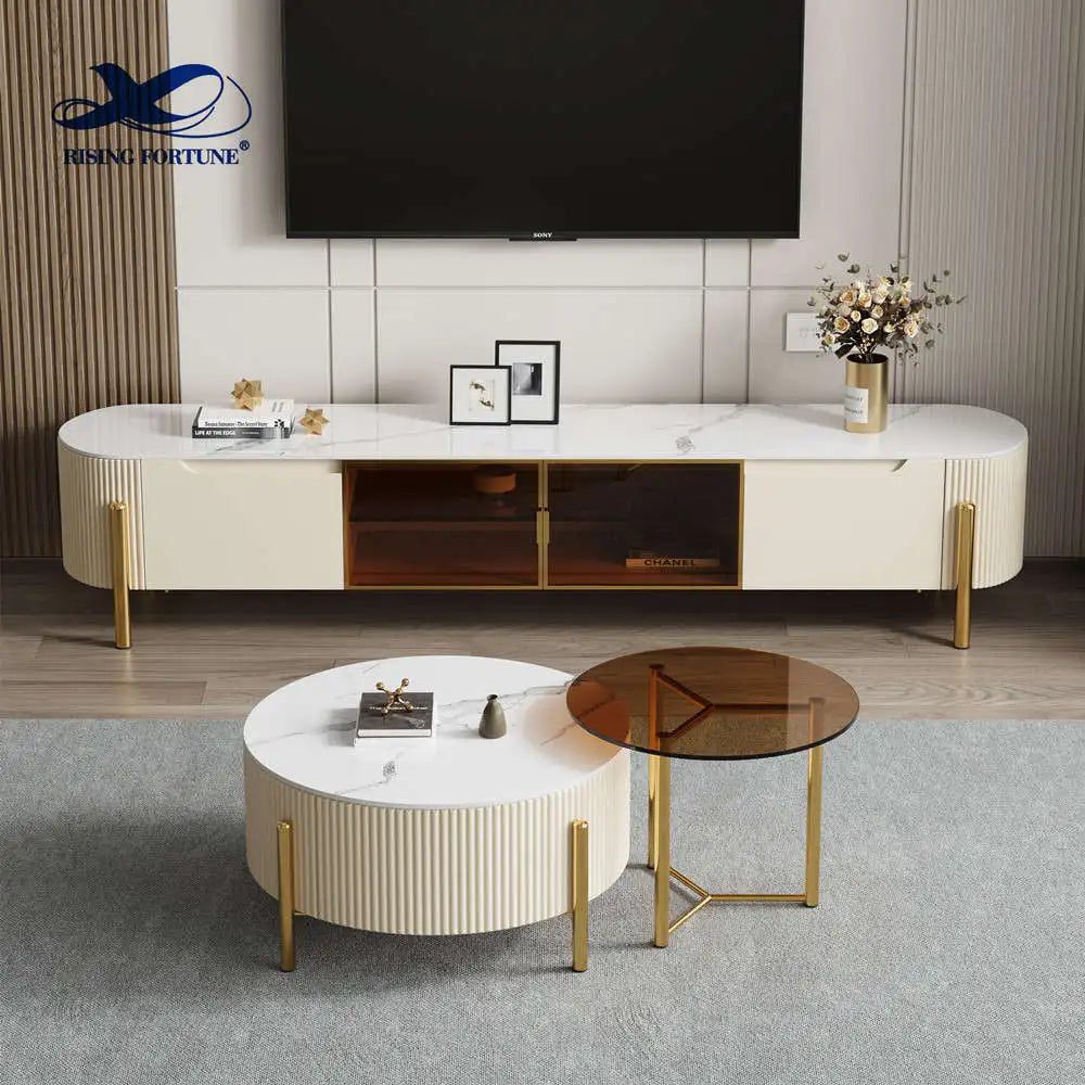 Italian Stainless Steel Finish Coffee Table Set Luxury Modern Round Coffee Tables Set for Living Room