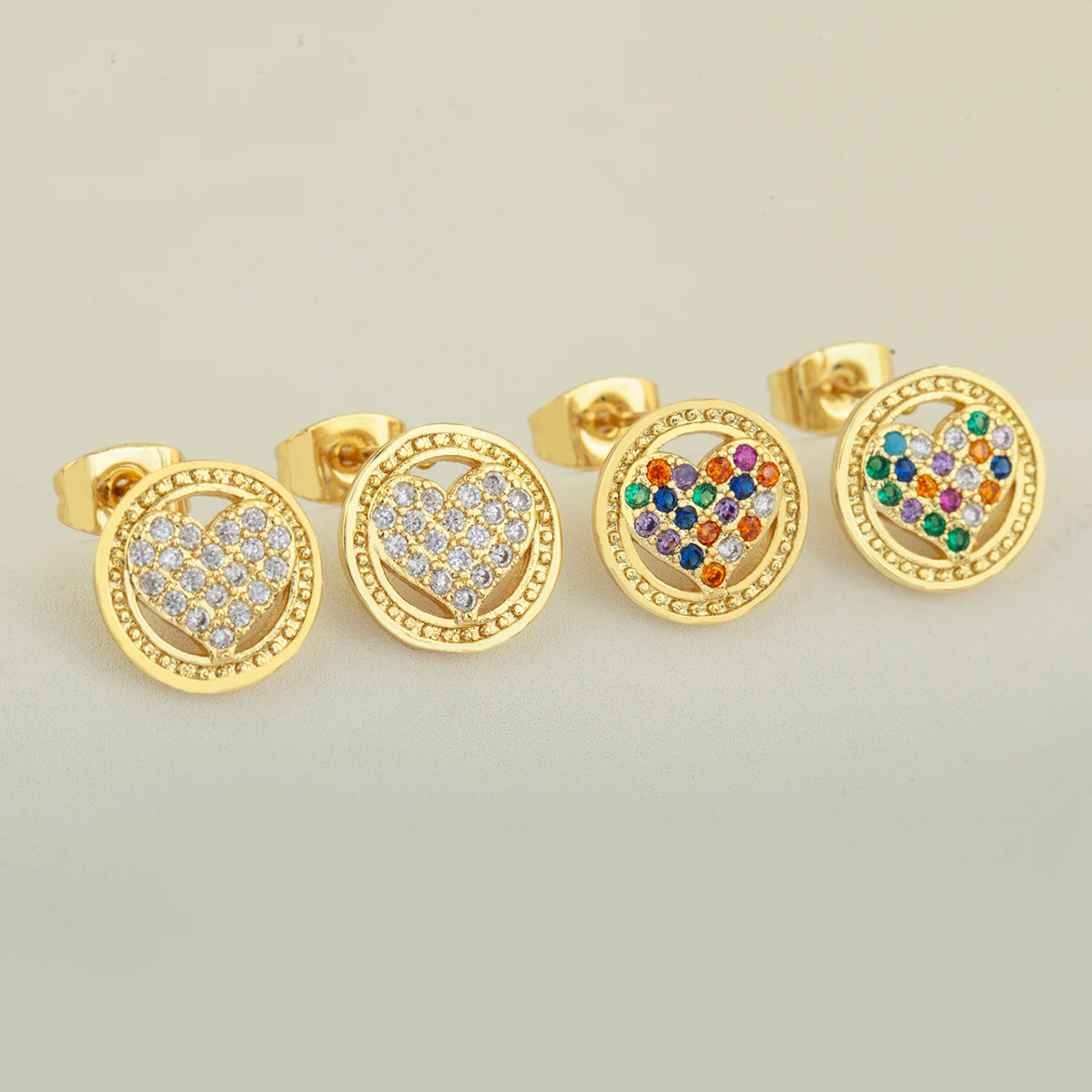 QIKU Wholesale Girls Summer Elegant Heart Cubic Zirconia Gold Plated Colorful Clear Stud Earrings