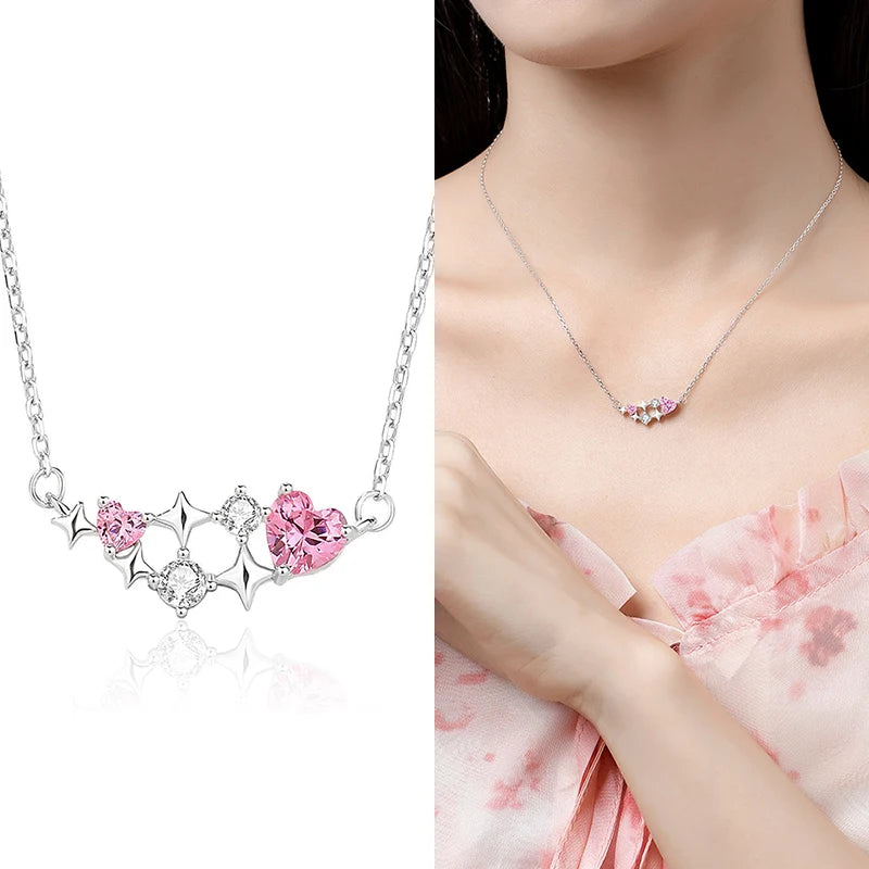 FDXZ-189 Exquisite Jewelry Festival Gift Love Pink Zircon Pendant Necklace Sterling Silver 925 for Women Wedding and Party