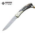 Hongrui 2026 New Design CNC Damascus Outdoor Folding Knife Survival with Stainless Steel and African Horn Handle for Camping
