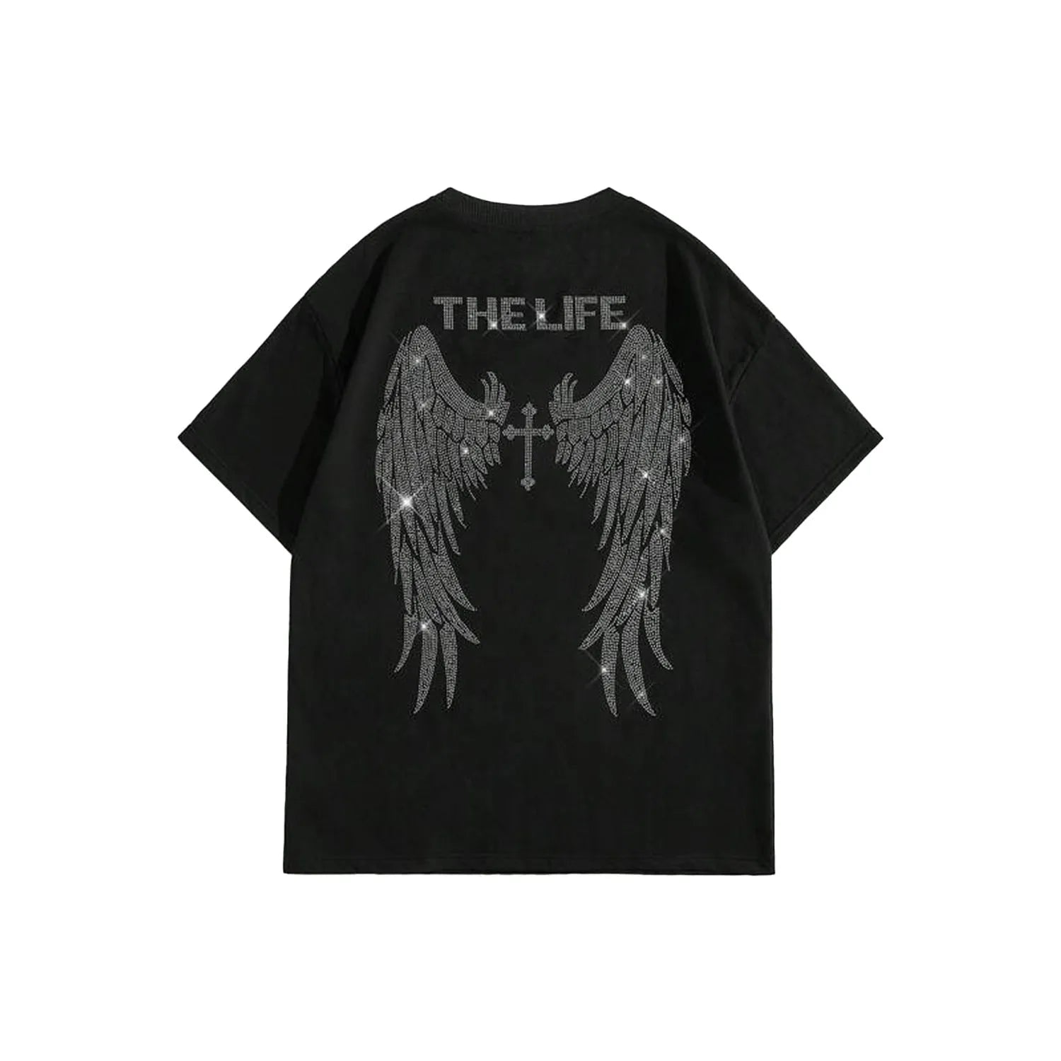 Custom Rhinestone Oversized 100% Cotton Black Men's T-Shirts Heavyweight Drop Shoulder Boxy Streetwear Tee 200gsm O-Neck Silk