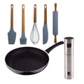 PIXEL Chef Sauce Set: 24x4.5cm Pressed Aluminum Frying Pan + 4x17.5cm Oil and Vinegar Sprayer + 5-Piece Silicone Kitchen