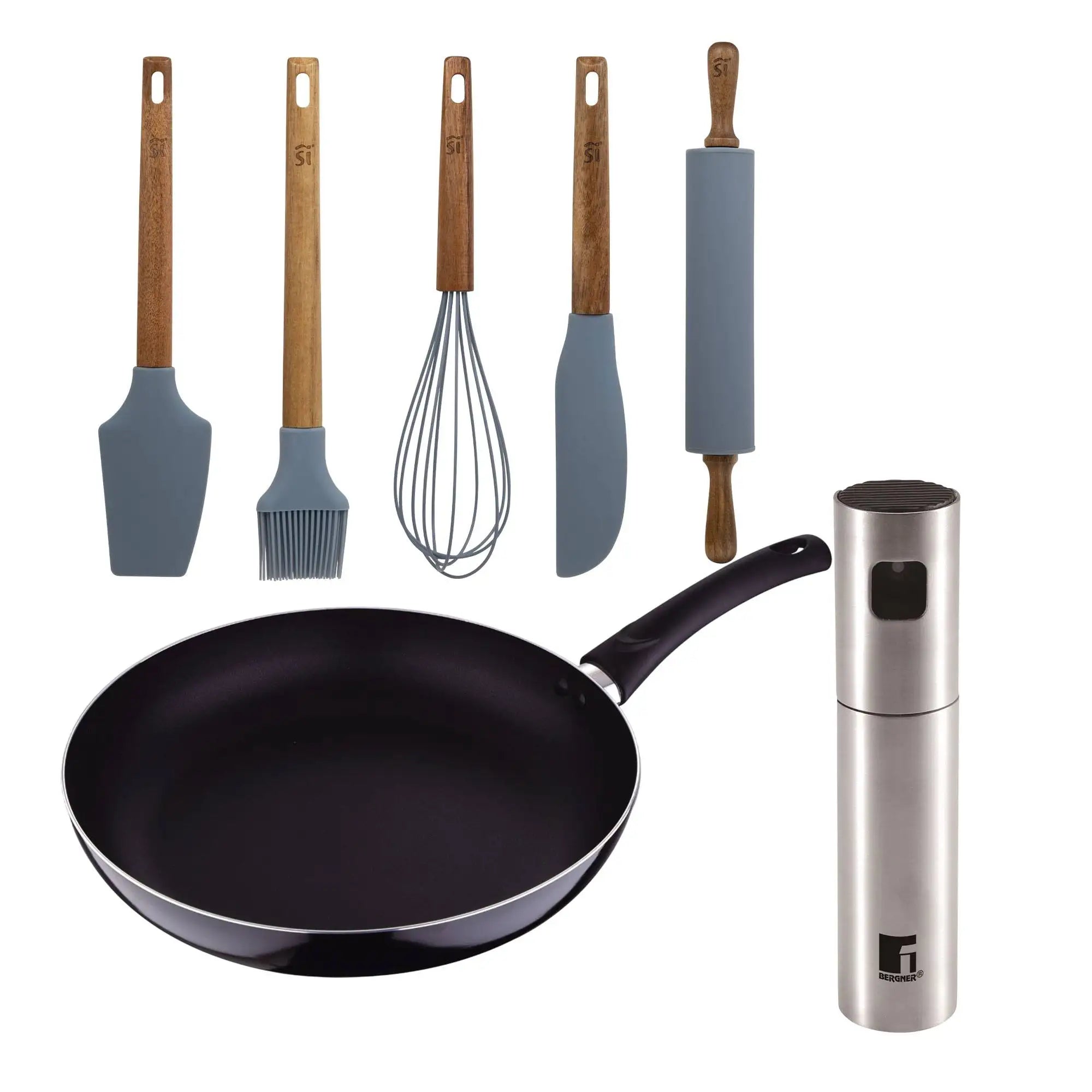 PIXEL Chef Sauce Set: 24x4.5cm Pressed Aluminum Frying Pan + 4x17.5cm Oil and Vinegar Sprayer + 5-Piece Silicone Kitchen