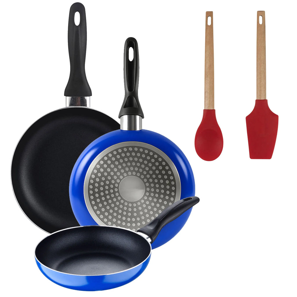 Set of 3 San Ignacio frying pans (16+20+24cm) pressed aluminum blue + Set of 2 silicone kitchen utensils