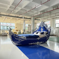 Luxury Blue Galleon Boat Bed with Hand Carved Solid Wood Frame & Tufted Upholstery European Design for Villa & Hotel