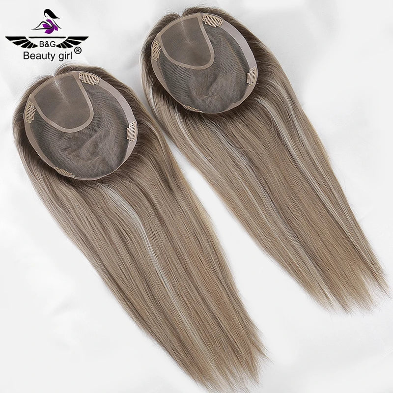 100% Virgin European Human Hair Light Blonde Color Clip in Hair Pieces Jewish Kosher Topper Single Knot Mono Toupee for Women