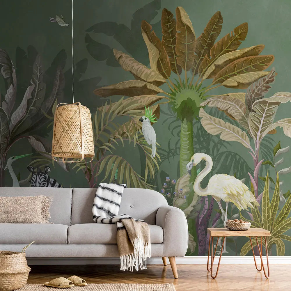 Germany Made Photo Wallpaper Jungle Bird Palm Trees Non Woven Vinyl Light Resistant Washable Sound-Absorbing Wall Dining Gym
