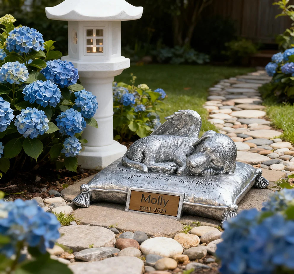 Resin Silver Puppy Memorial Urn - Engravable Name/Date Plaque Pet Ashes Container Ideal for Home Remembrance Keepsake