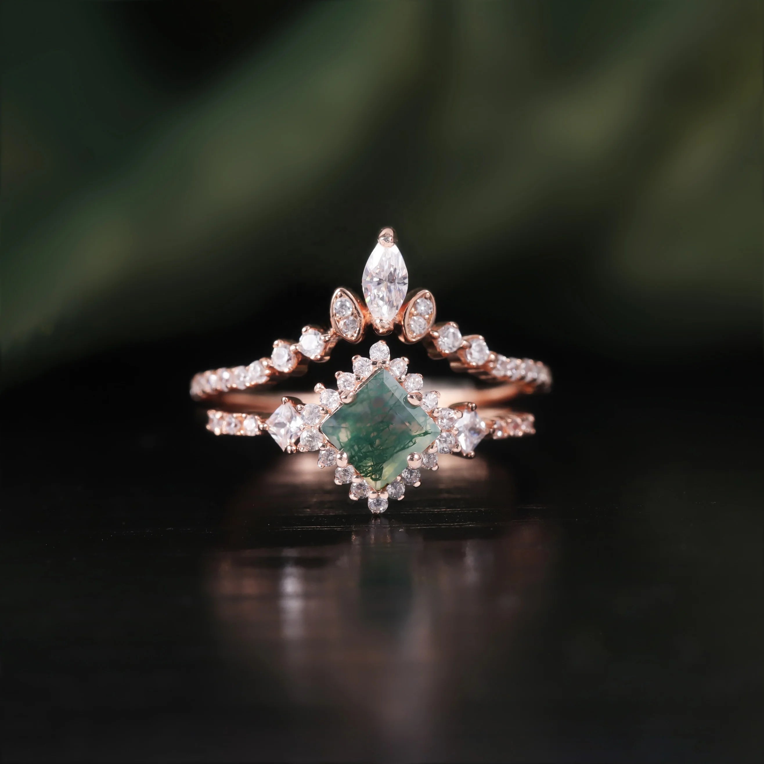 OL1018 Abiding Dainty Square Princess Cut 5x5MM Natural Green Moss Agate 925 Sterling Silver 2 Pieces Wedding Rings Set