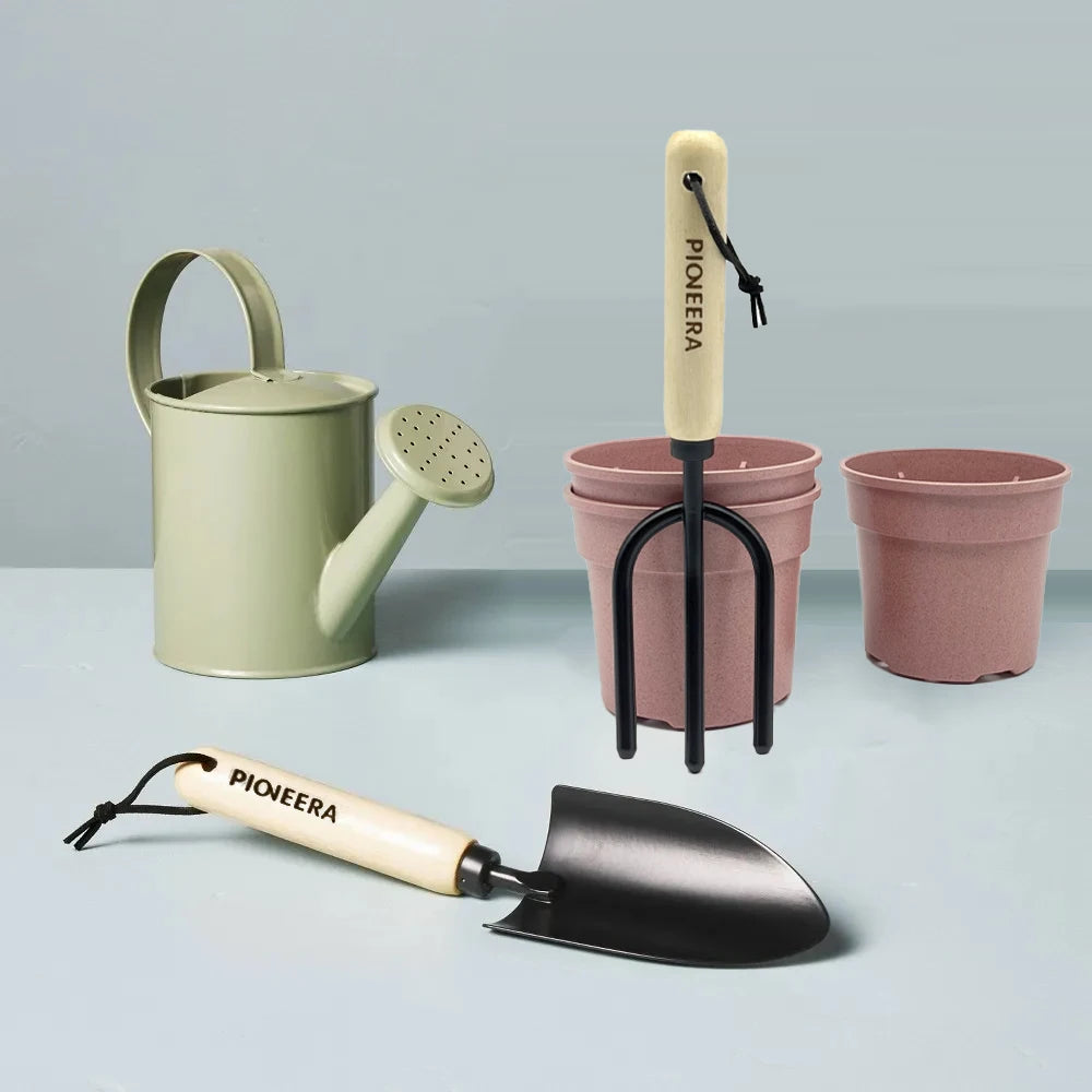 Garden Tool Set with Watering Can and Eco-Friendly Planters Wooden Handle Hand Tools Durable Metal Spade and Fork
