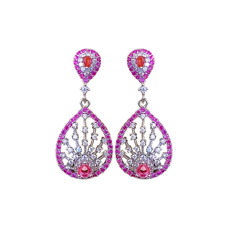 Fenyi Wholesale Jewelry Fashion Light Luxury High-end Water Drop Long Hollow pink Zircon Silver Needle Earrings for Women