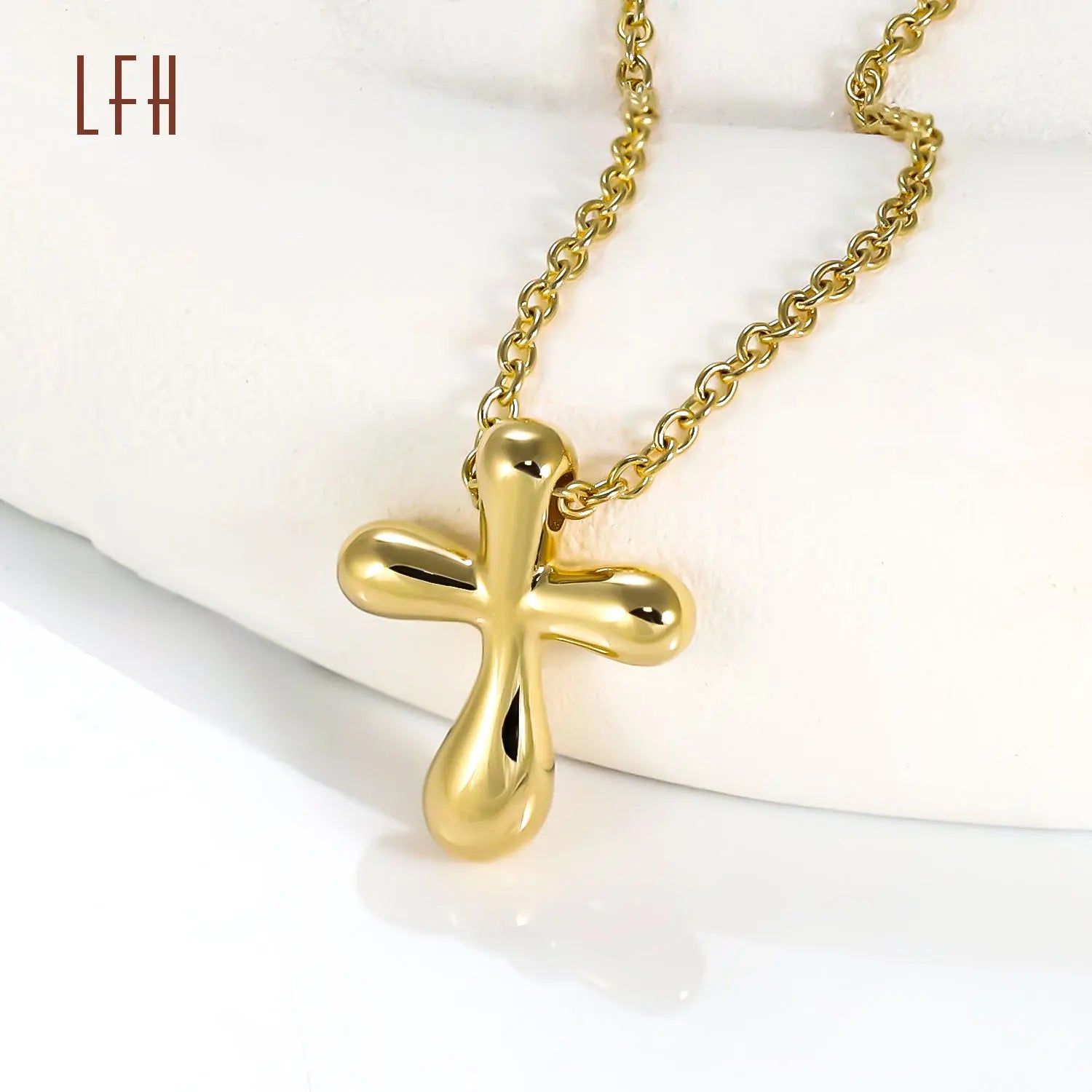 Minimalist Trendy Cross Pendant Necklaces Real Gold Jewelry Cross Link Chain Necklace Oro 18k Original