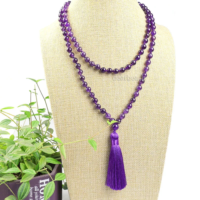 Handmade 108 Bead Stone Mala Necklace Healing Crystal Meditation Jewelry 8mm Natural Gemstone with Tassel