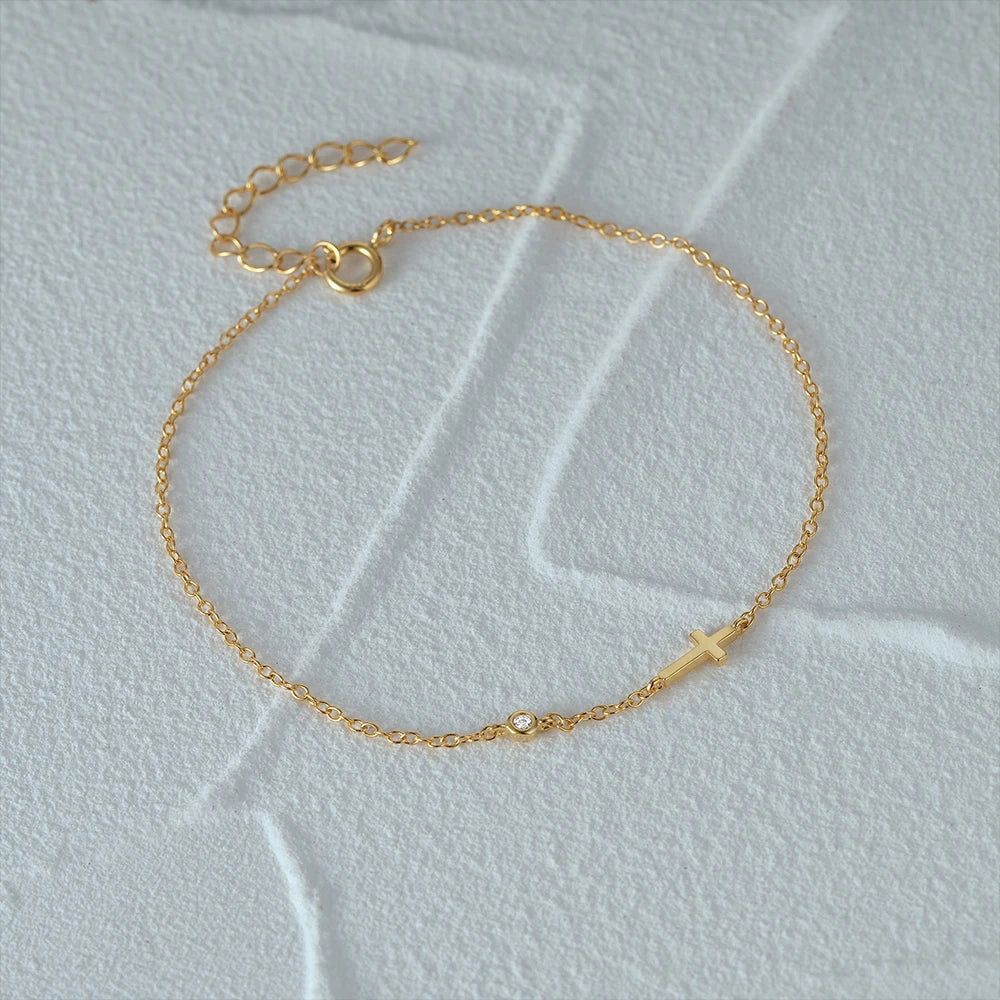 CANNER 925 Sterling Silver Simple Smooth Cross Bracelet 18K Gold Plated Lucky Zircon Silver Bracelet Fashion Jewelry