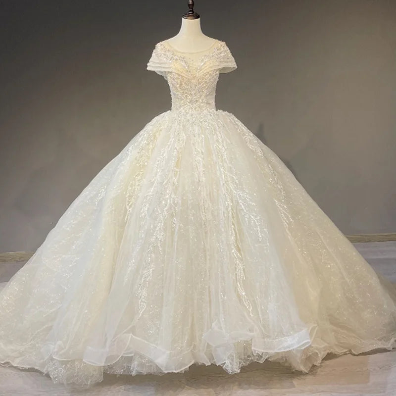 Jancember 1626 Glitter Lace Short Sleeve New Ball Gown Wedding Long Dresses