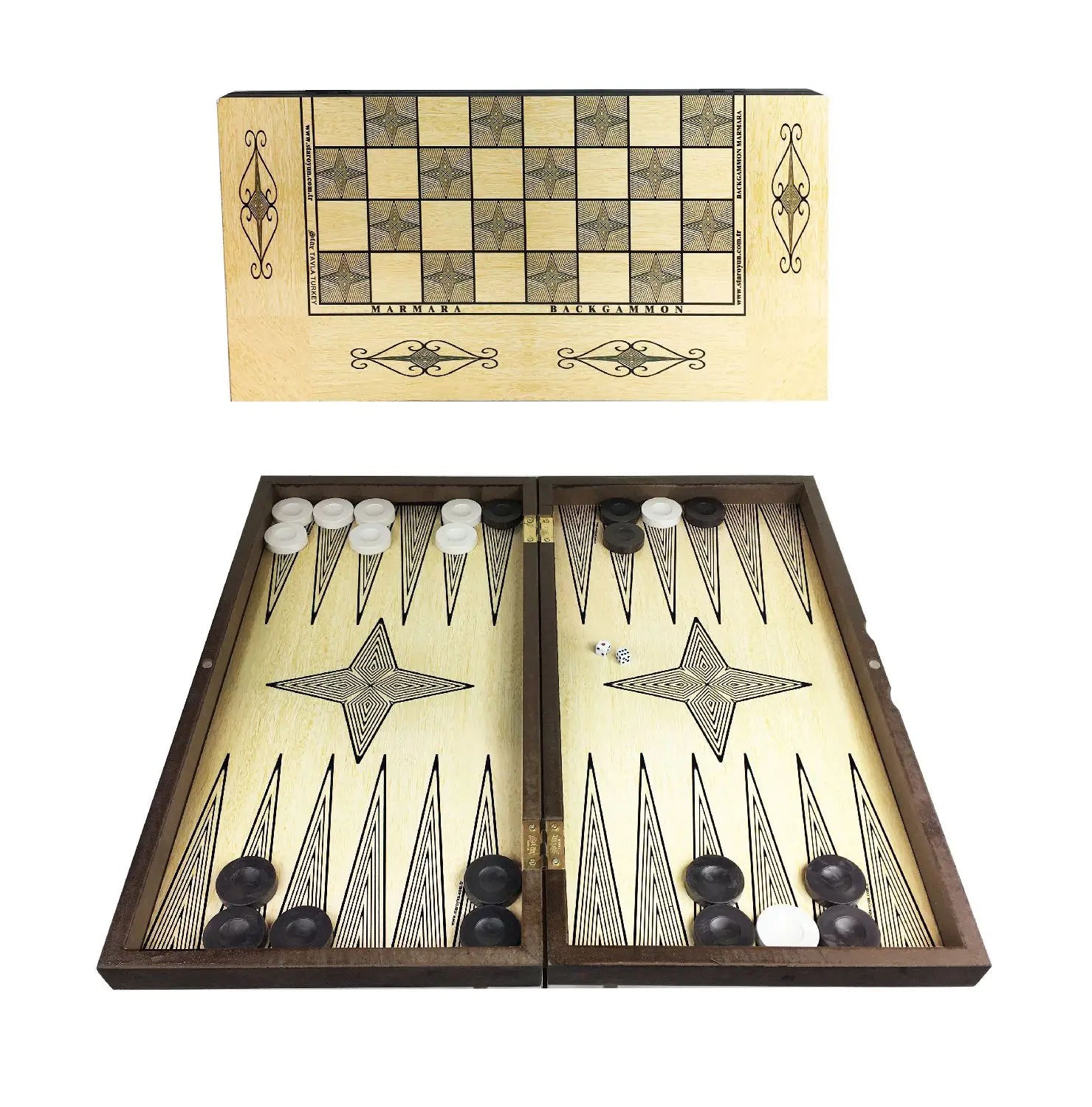 Star Burnt Wooden Chessboard Set with Backgammon Chess & Checkers-Durable Design 24.5x48x6 cm