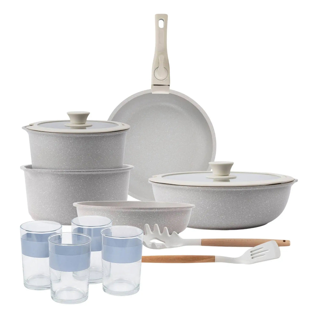 10-Piece Cookware Set Beige/Removable Handle 3 Frying Pans 2 Saucepans Lids and Utensils + Set of 4 0.5L Glasses