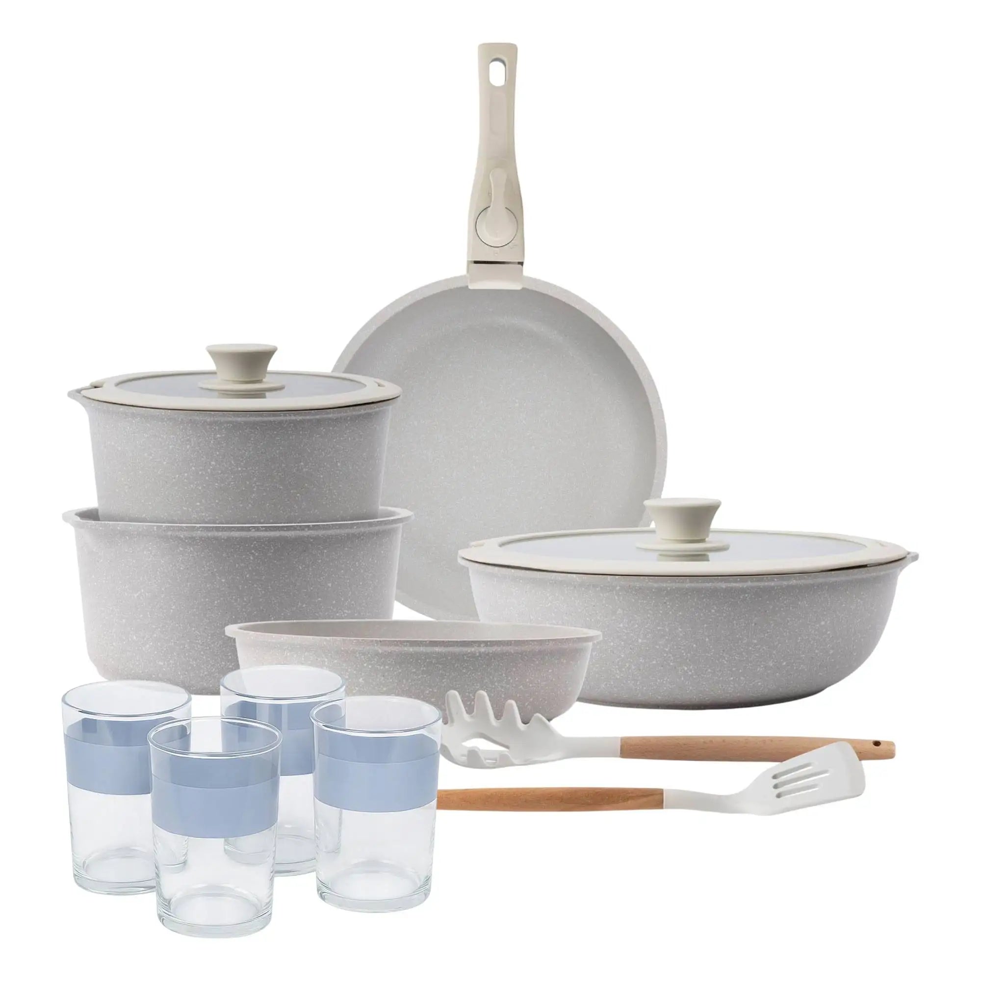 10-Piece Cookware Set Beige/Removable Handle 3 Frying Pans 2 Saucepans Lids and Utensils + Set of 4 0.5L Glasses