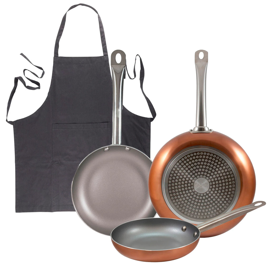 Set of 3 San Ignacio frying pans (18 22 26cm) pressed aluminum suitable for induction + Dark Grey 100% Cotton Kitchen Apron