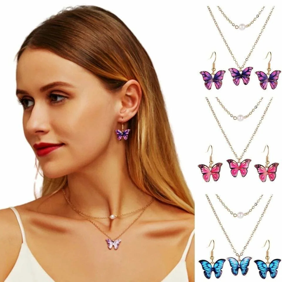 Boho Hanging Earrings Two Layers Necklace Purple Blue Pink Butterfly Pearl Cheap Jewelry Earring Necklace Wholesale