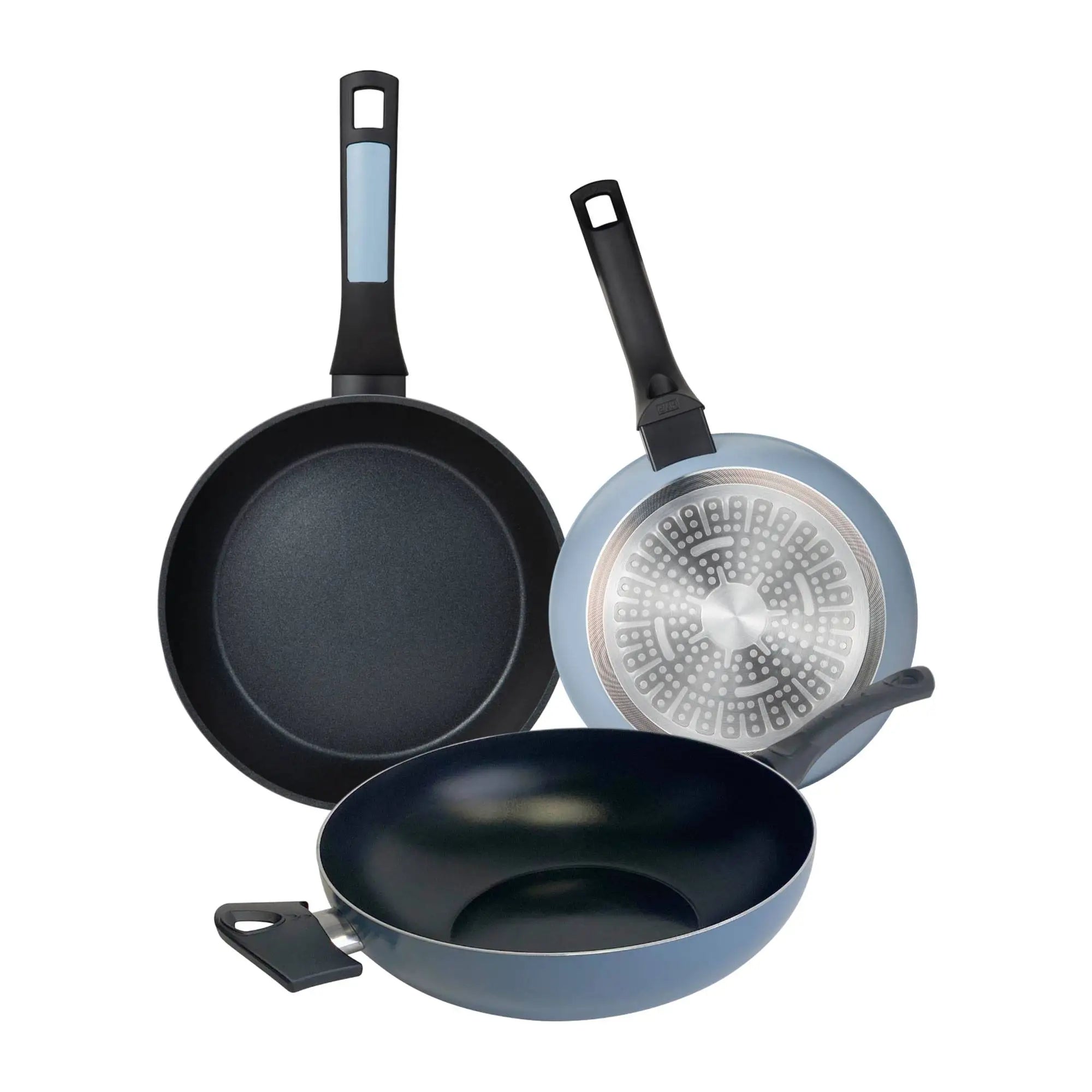 Set of 2 frying pans (20/26cm) + wok (30cm) in pressed aluminum blue NOIA San Ignacio