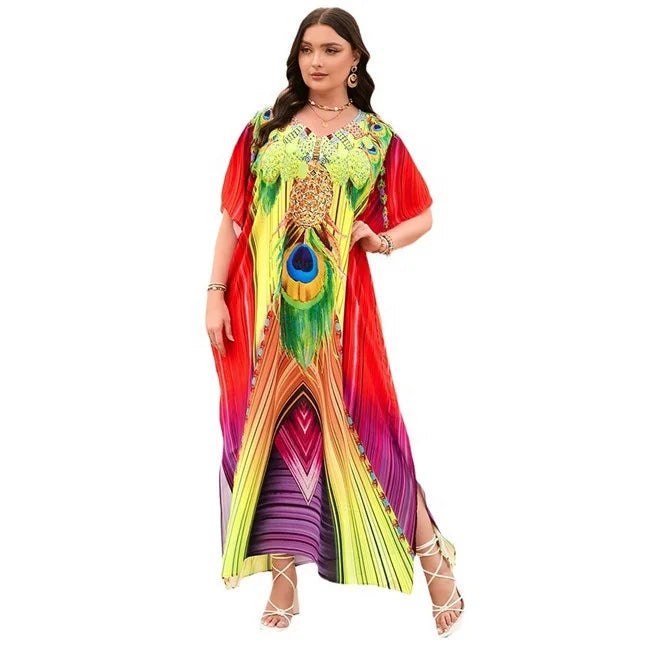 2024 Women Clothing Short Sleeve Beach Bohemian Dresses Ladies V Neck Floral Printed Maxi Casual Boho Dress With Kimono Sleeves