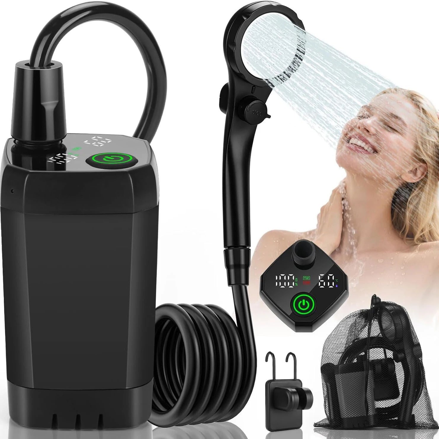 IPX7 Waterproof 6000mAh Rechargeable Portable Camping Shower with Intelligent LED Display for Hiking Travel Car Pet