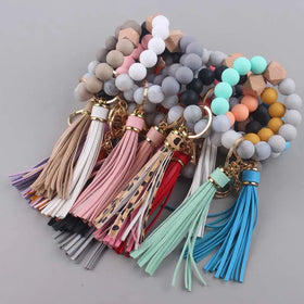 Silicone Wristlet Keychain Stretchy Bangle Silicone Bead Bracelet Key Chains Leather Tassel Key Rings Pendant Keychain Wristlet