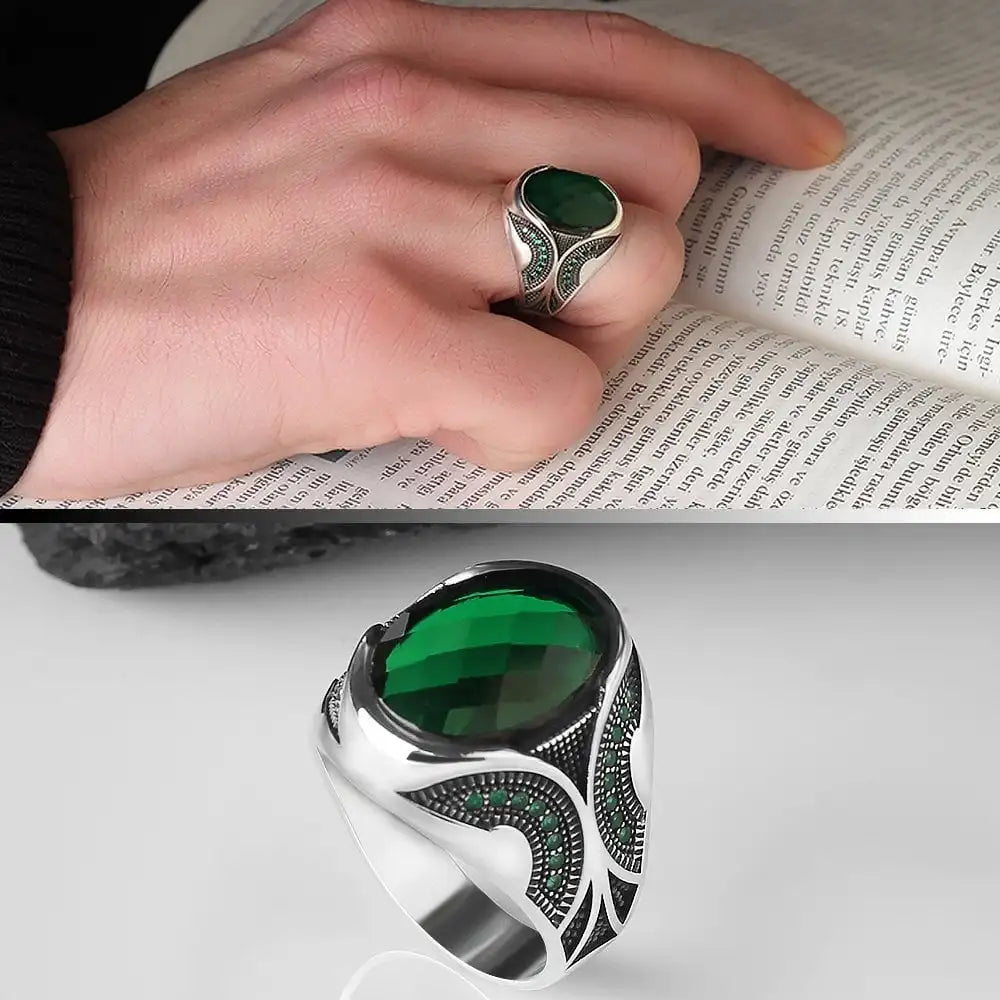 Turkish 925 Sterling Silver Men's Ottoman Style Ring with Natural Agate Stone Fine Azuris VALKH1216