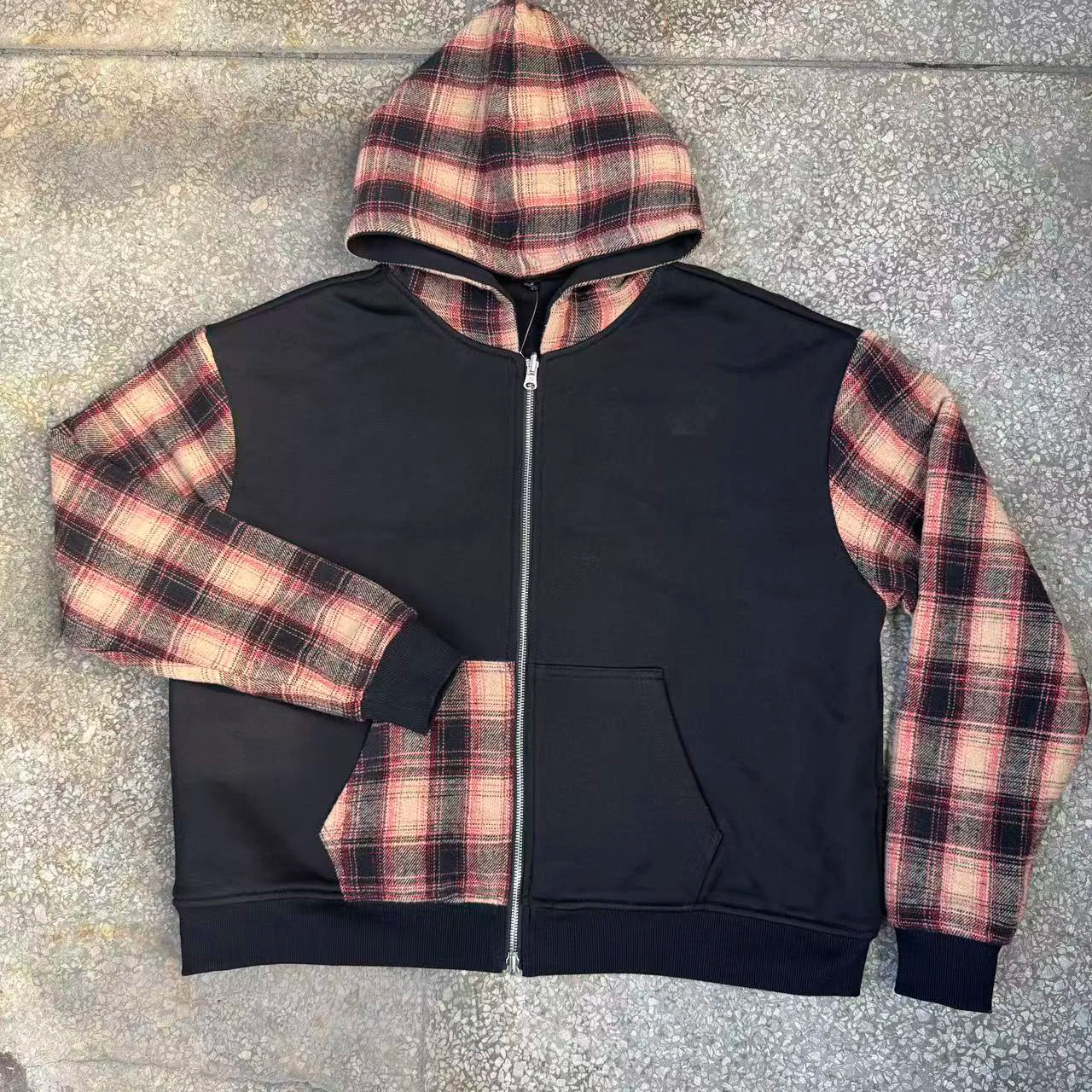 Clothing Manufacturers Custom French Terry 100% Cotton Plaid Patchwork Color Block Zip up Hoodie Jacket for Men