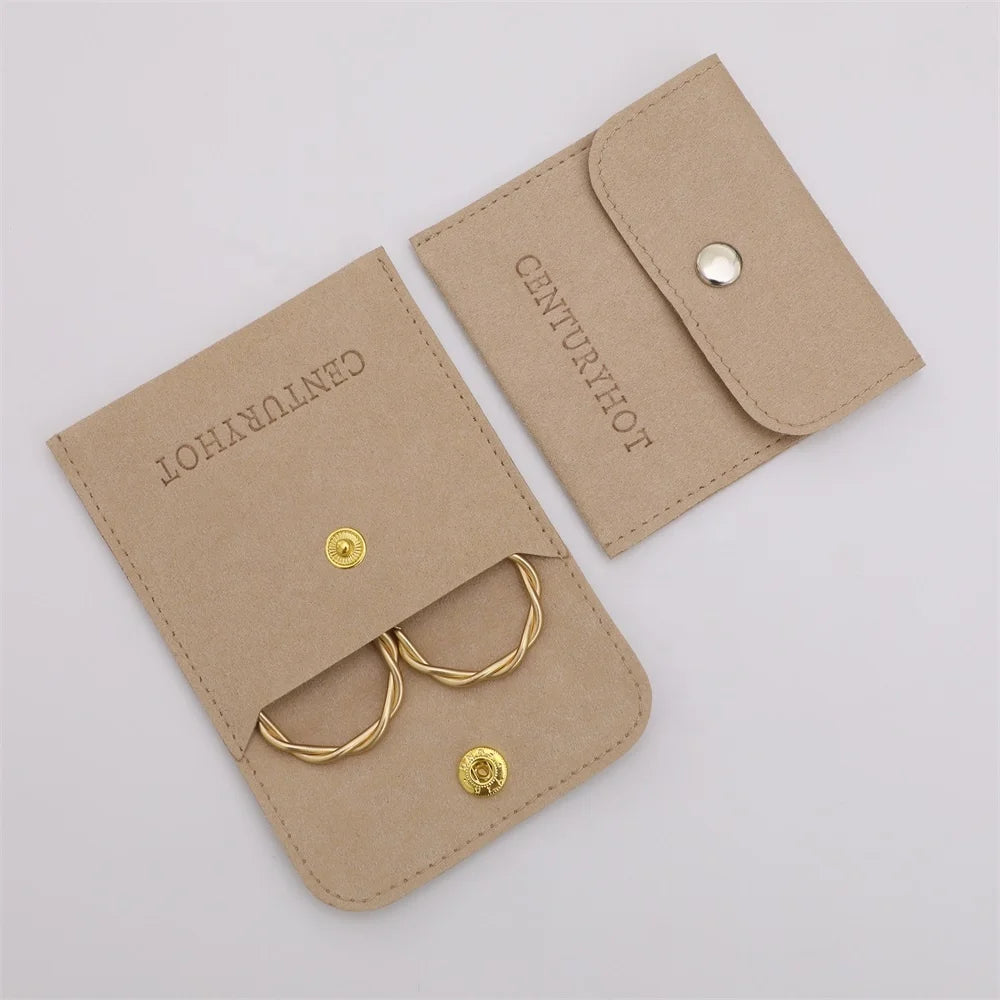 PUPPYSEW Sand Color 8*8cm Microfiber Jewelry Bags With Logo Earring Necklace  Pouch Jewelry Pouch  Bag With Snap Button