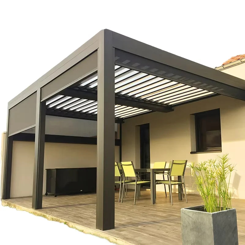 Aluminum Retractable Roof Pergola Gazebo Pavilion Factory-Free Standing Rainproof Garden House LED Sliding Open Arbour MegaBDM