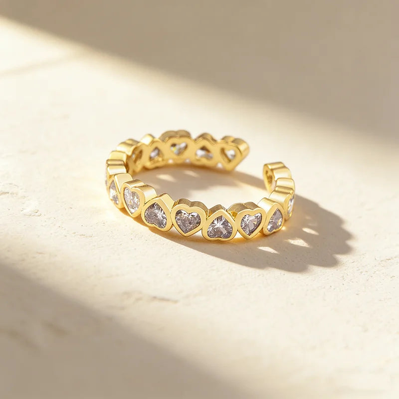 QIKU Casual Simple Design Rhinestone Heart Ring Gold Color Adjustable Open Charm Jewelry Accessories Women Girl Gift Wholesale
