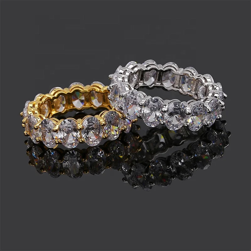 Personalized Trendy Iced Out Oval Design Brass Gold Plated Zircon Rings for Women Men Wedding Gifts Engagement CZ Finger Jewelry