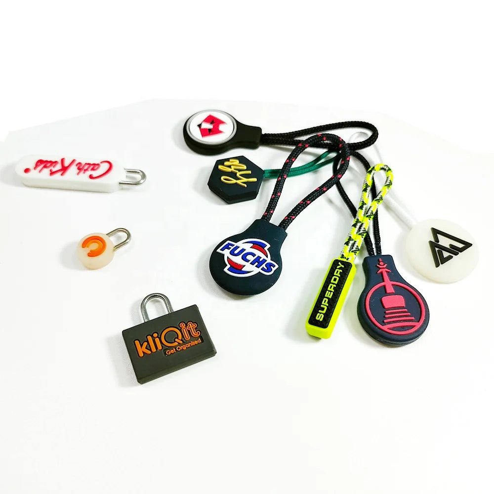 Customised PVC & Silicone Zipper Slider Pull Tab Printed Zip Puller with Nylon Cord for Bags Garments Shoes