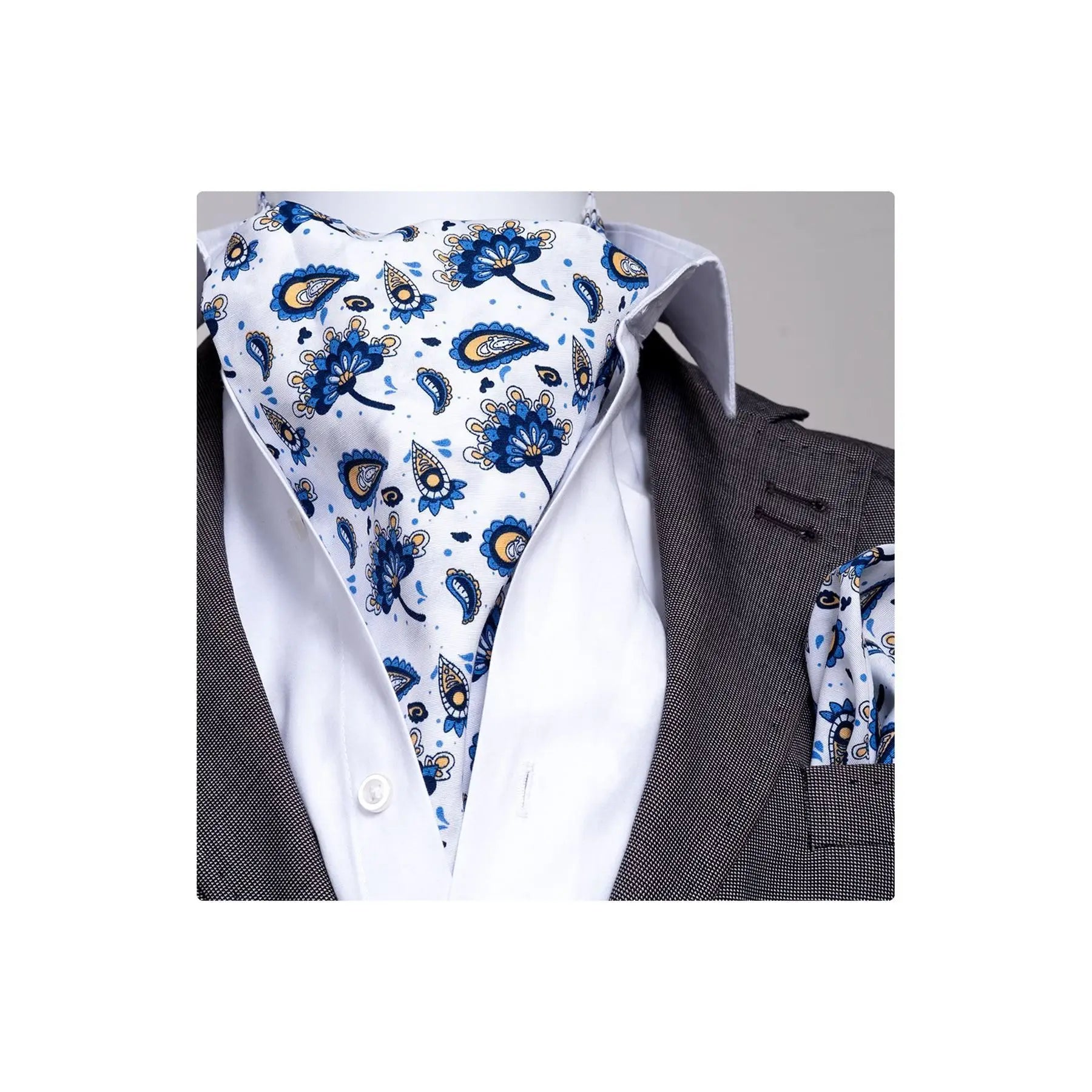 White Blue Shawl Patterned Men's Scarf Handkerchief Set