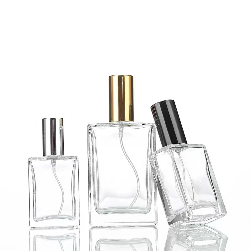30ml 50ml 100ml Luxury Clear Empty Square Flat Refillable Perfume Glass Bottle With Pump Sprayer for Cosmetic
