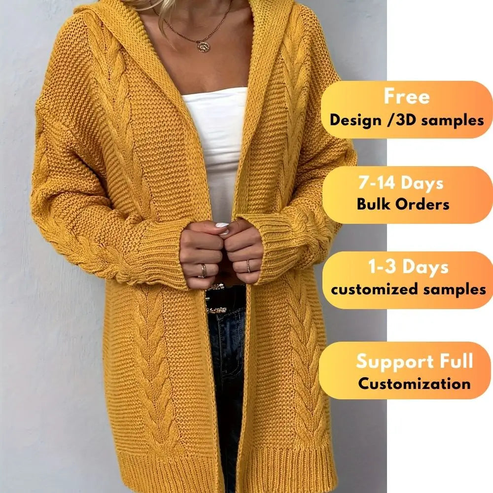 Long Sleeve Cable Knit Open Front Cardigan Casual Solid Color Hooded Long Coat Cotton Women's Knitted Cardigan Ladies Sweaters