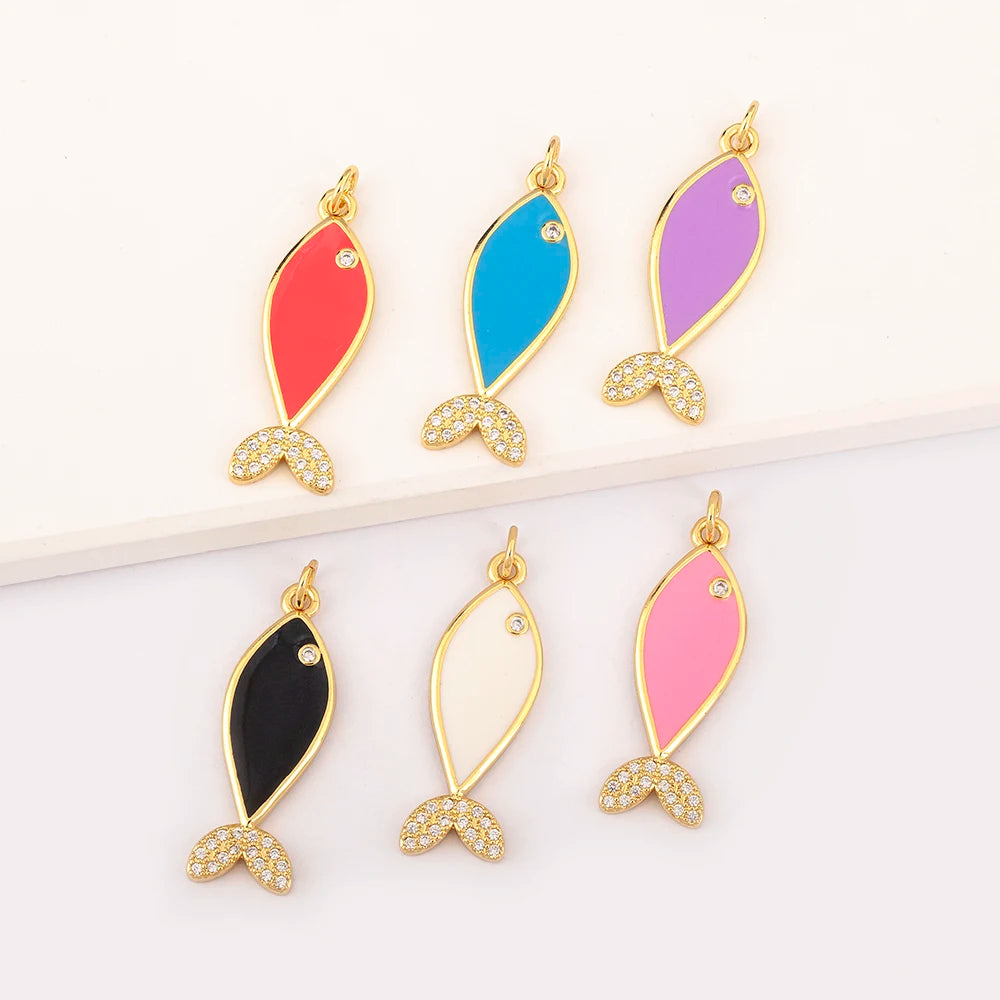 Gold Plated Enamel Cute Fish Pendant with Zircon Tail for Unisex Fashion Jewelry Making Wholesale Accessories