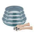 Set of 4 frying pans 22/24/26/28cm in pressed aluminum green + 2 removable handles Click&Cook Bergner