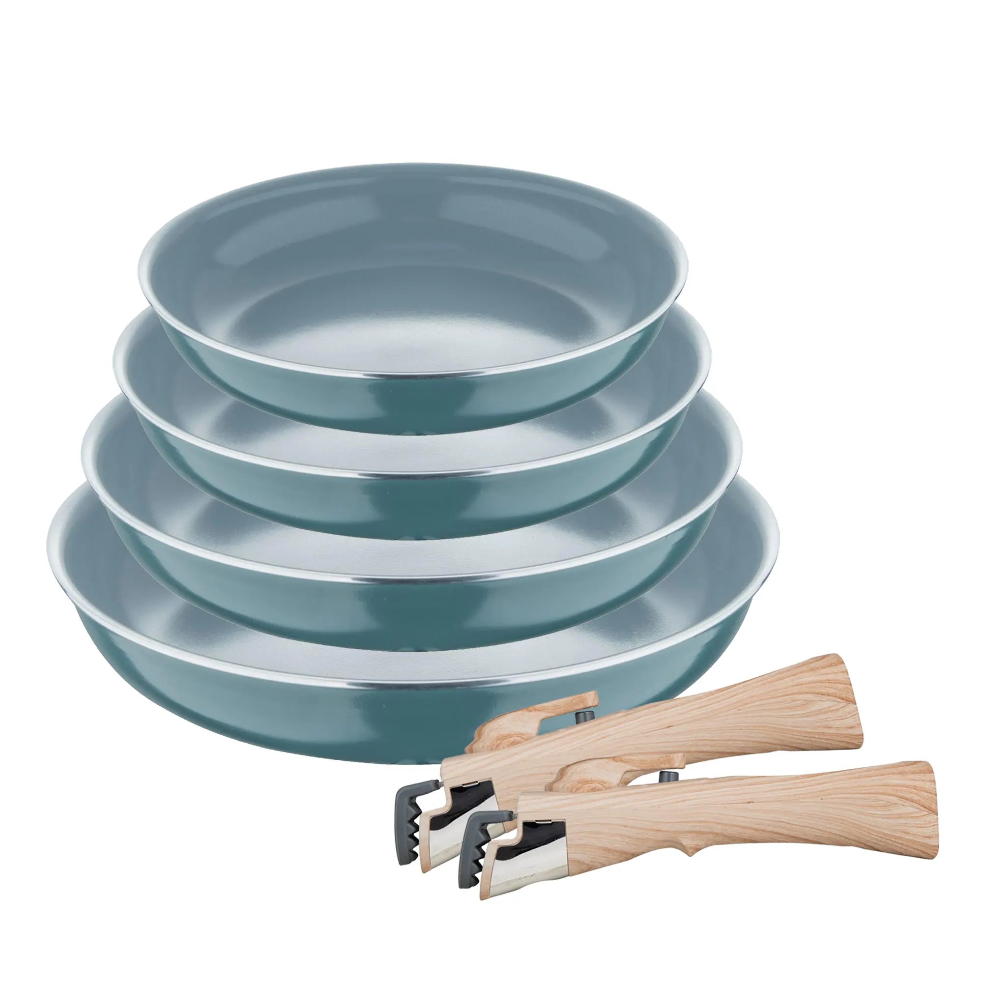 Set of 4 frying pans 22/24/26/28cm in pressed aluminum green + 2 removable handles Click&Cook Bergner